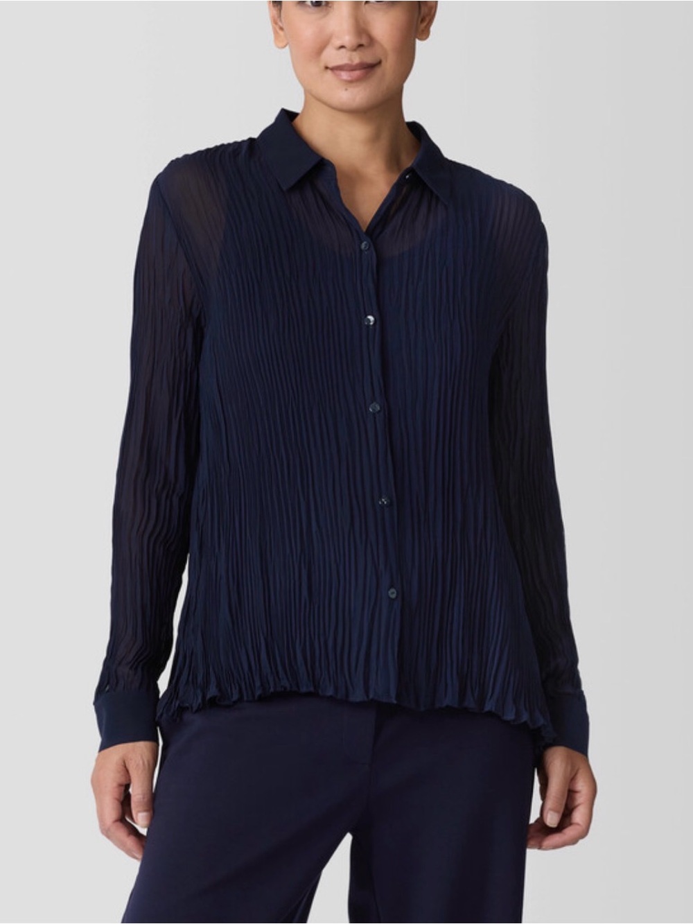 Eileen Fisher Crinkled Sheer Silk Georgette Classic Collar Navy Blue Shirt | M
